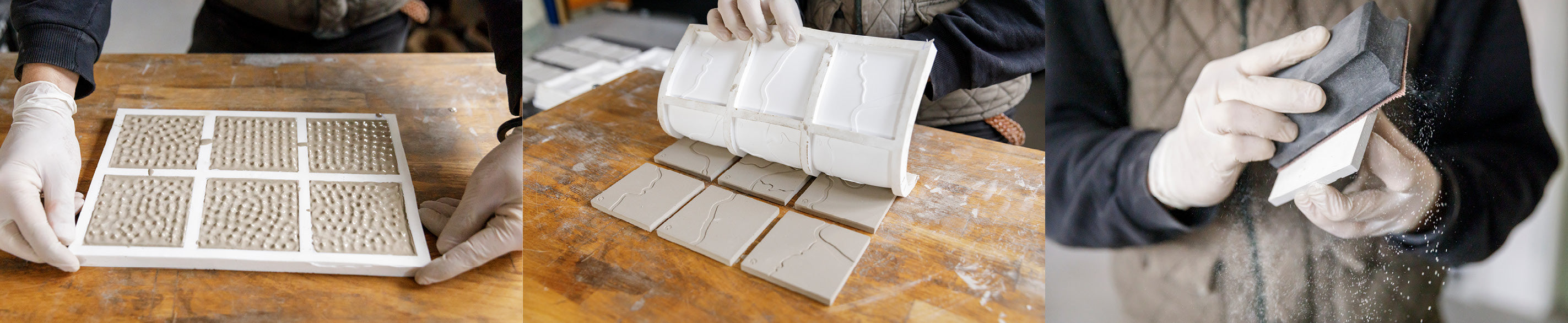 Bildcollage zum Herstellungsprozess der Rheinkult Betonuntersetzer: Die Form wird abgenommen und eine Kachel von Hand abgeschliffen. 